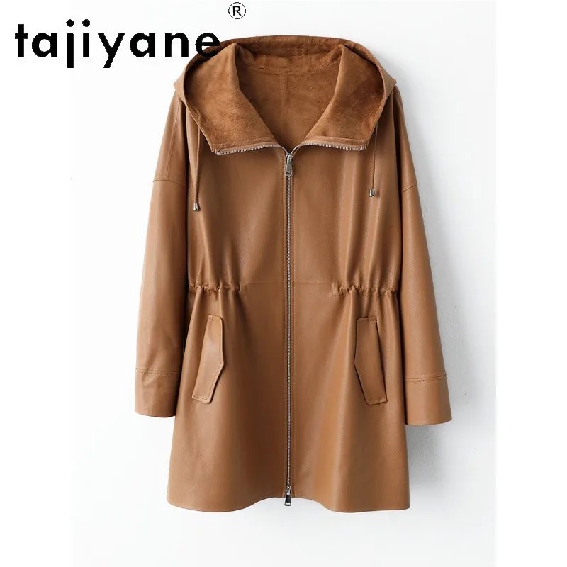 TAJIYANE Genuine Leather Jacket Woman Deer‑Grain Goatskin Outerwear Mid-length Leather Coat Slim Fit Hood Jackets Korean Косуха