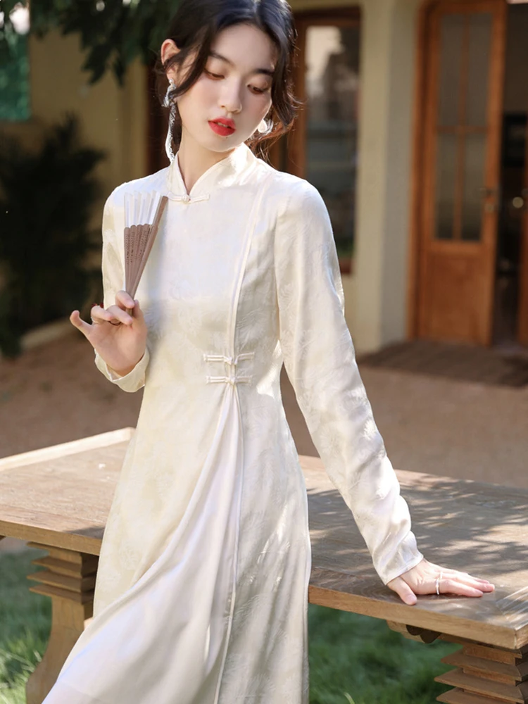 المرأة الكورية خمر حفلة فاخرة Vestidos الخريف الأبيض الساتان الجاكار الوقوف طوق فستان طويل 2025 فستان شيونغسام أنيق جديد #6