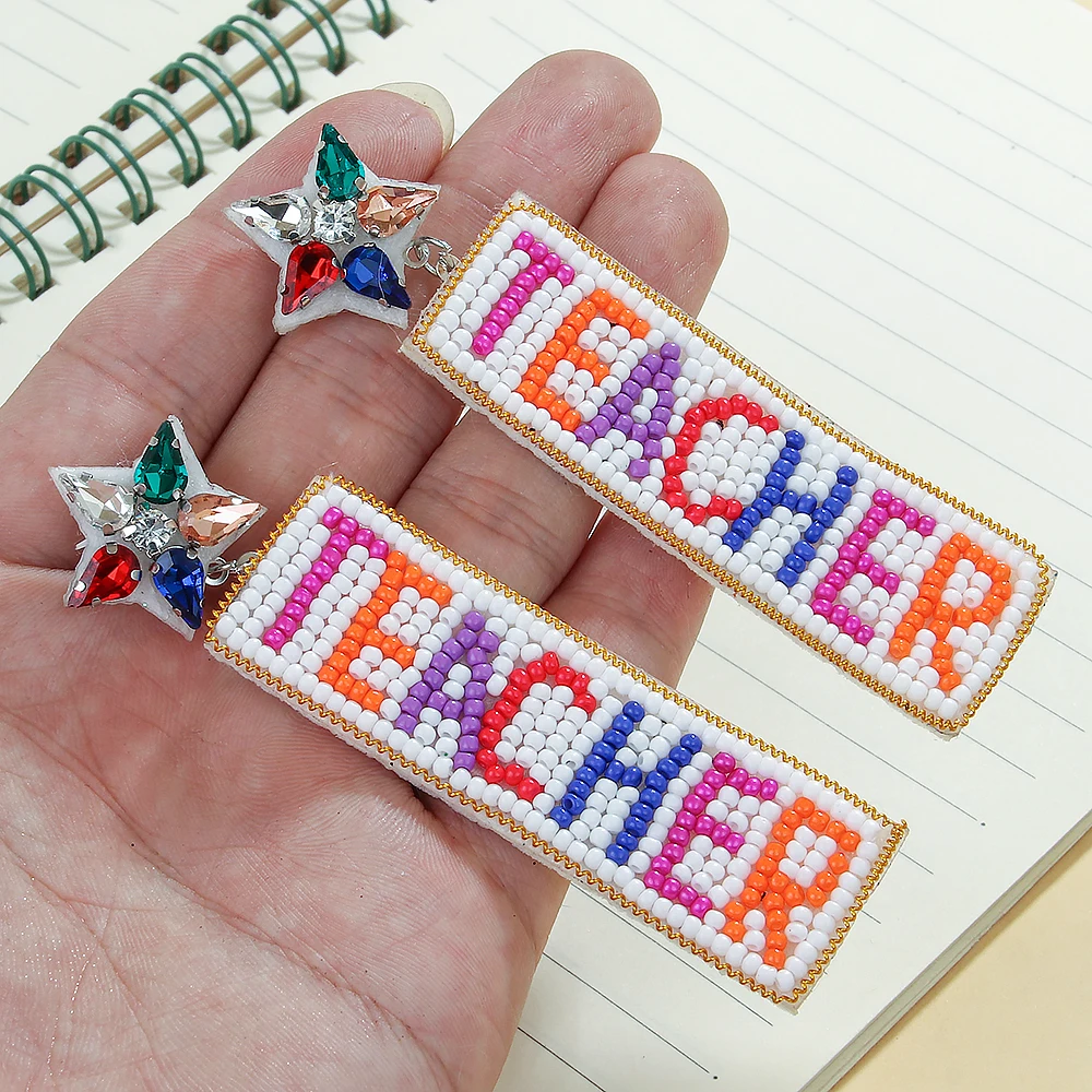 

Teacher Earrings for Women Beaded Classic Monogram TeacherDrop Dangle Earrings Funny Back To School Jewelry Gifts for Teacher