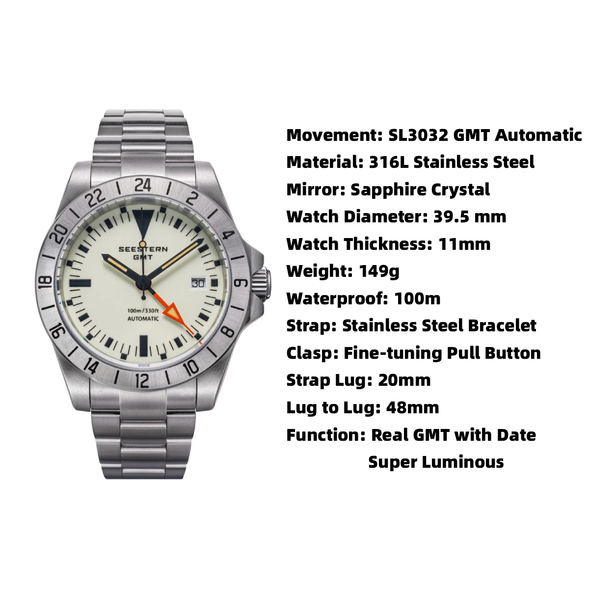 SEESTERN Men's Watch GMT Automatic SL3032 Movement Sapphire