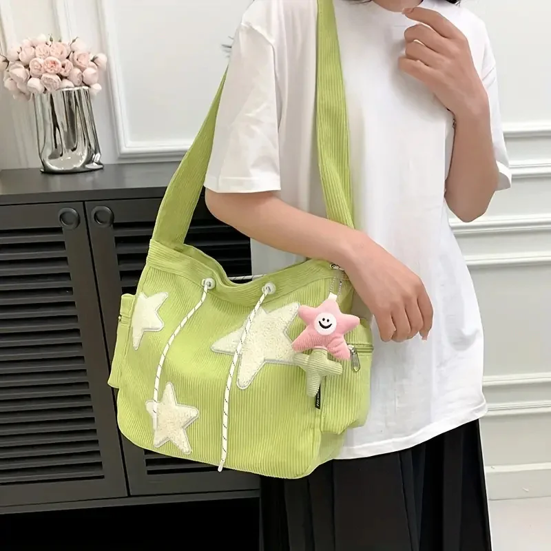 Simple Star Pattern Large Tote Bag, Corduroy Drawstring Shoulder Bag, Cute Tote Bag Canvas Bag