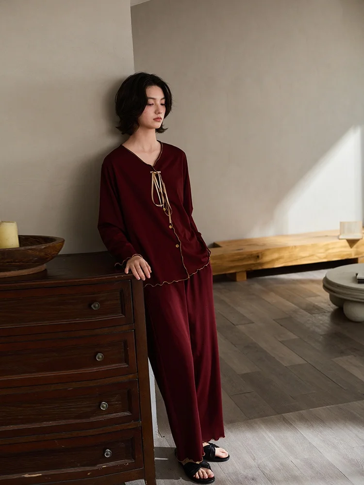 aqian-2026-new-red-women's-nightgown-modal-cotton-home-clothes-wedding-couple's-fro-spring-autumn-long-pants-v-ne-butto