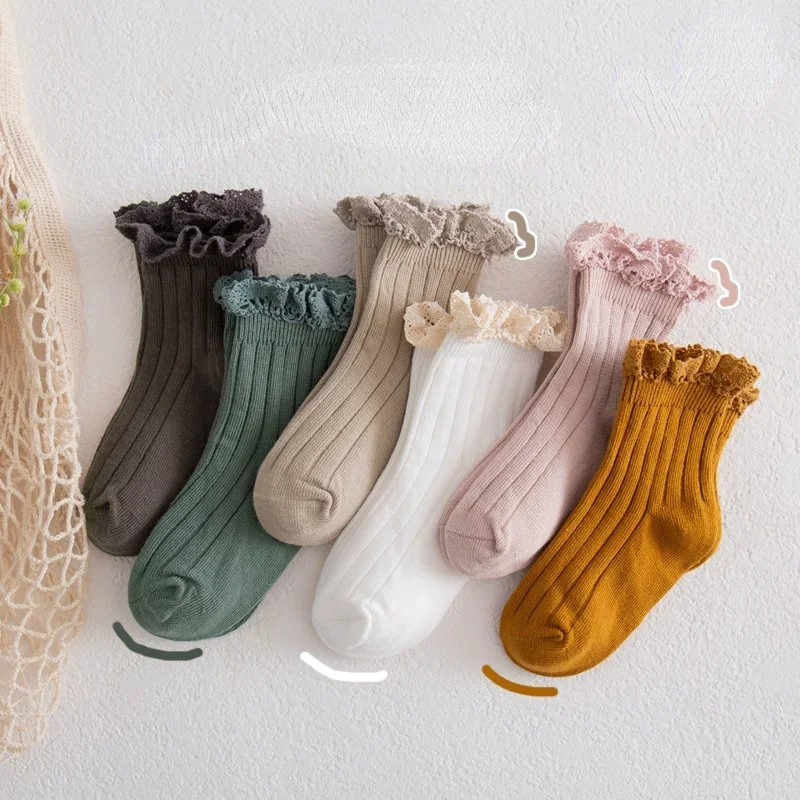 Autumn Winter Vintage Baby Girls Cotton Socks Solid Color Kids Children's Socks Japanese Korean Girl Princess Socks