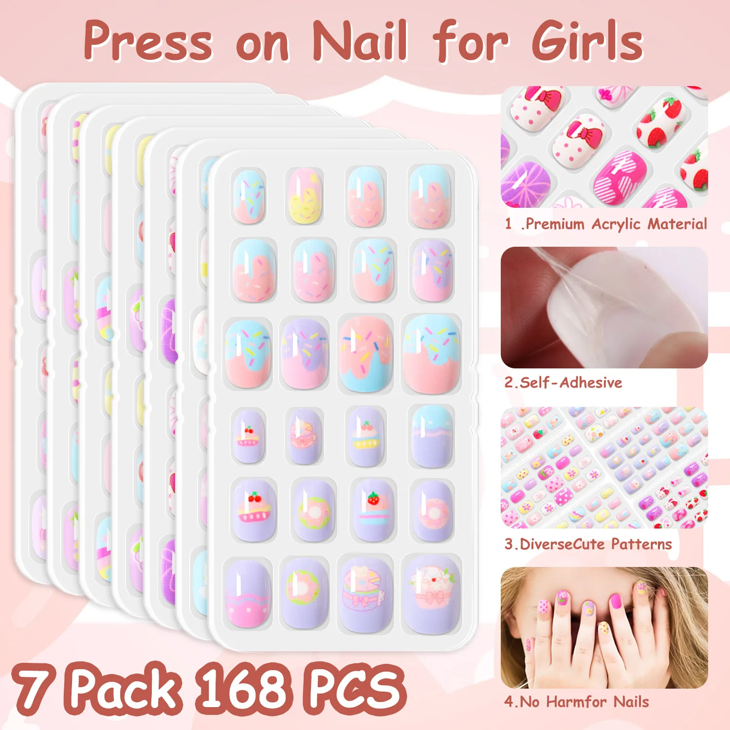 168pcs Kid False Nail Tips Flower Marine Life for Children Full Cover Kid Glue Self Fake Nail Art for Girls Manicure Tips