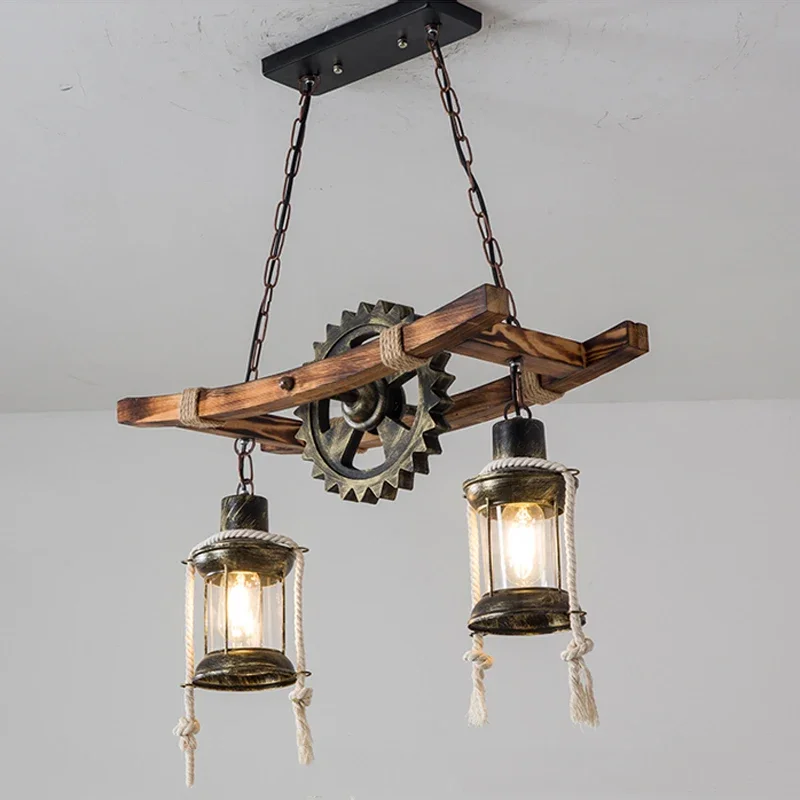 American Light Design Vintage Chandelier Retro Cafe Bar Restaurant Wooden Loft Pendant Lamp Gear Industrial Hanging Glass Light