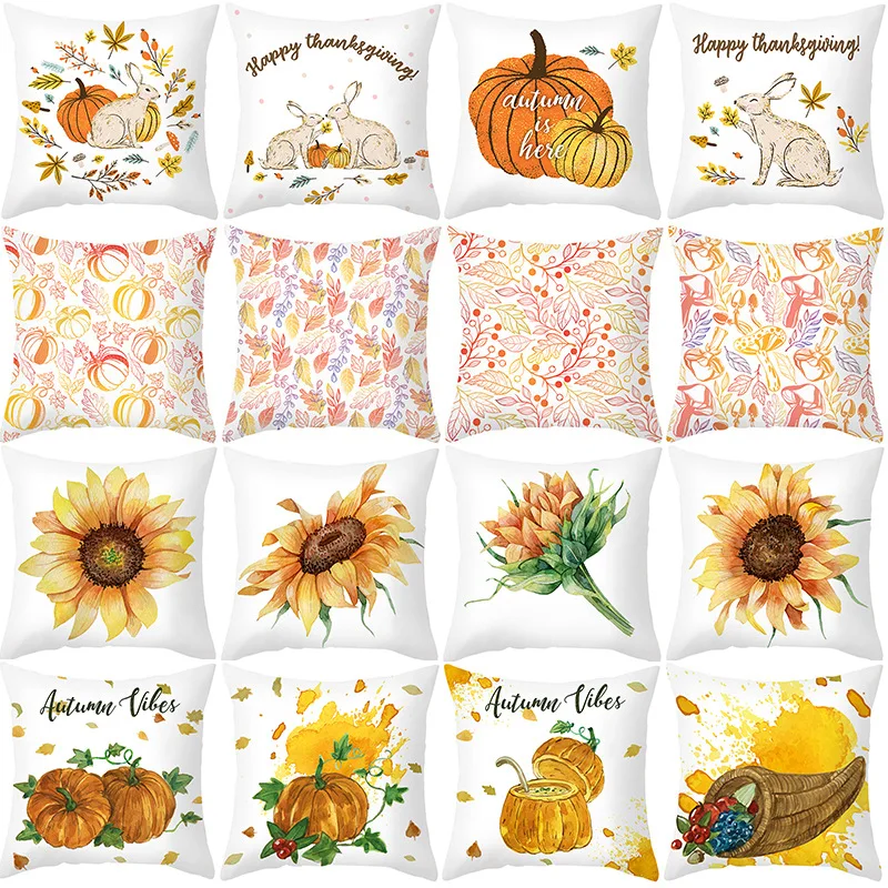 

Sunflower Pumpkin Turkey Printed Pillow Covers Thanksgiving Decorative Cushion Cover Child's Room Decorations Throw Pillow Case