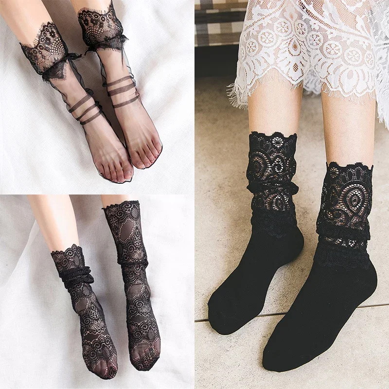 

Sale Sexy Retro Lace Floral Mesh Women Girl Socks Elastic Summer Fashion Lady Transparent Short Socks