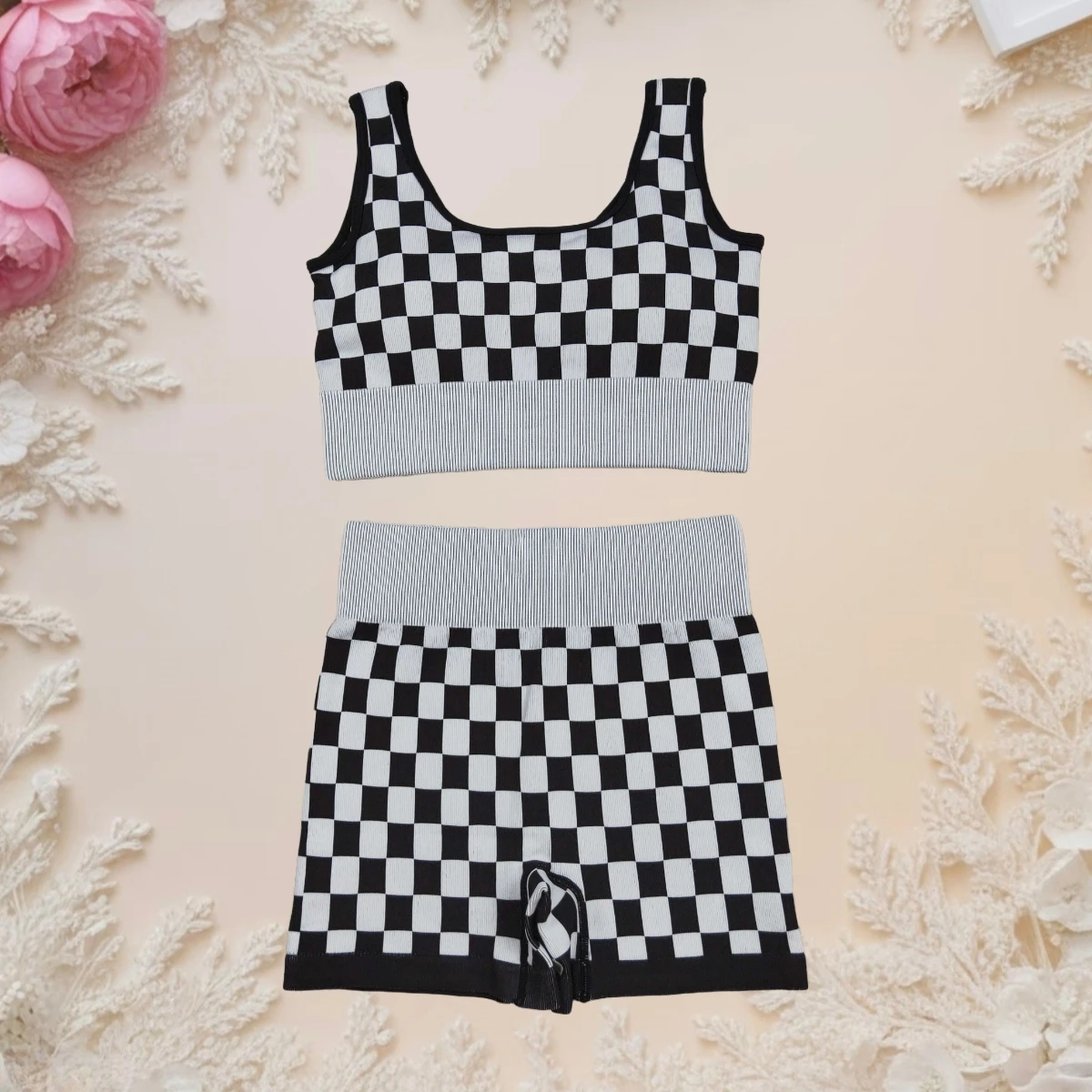

Hot Sale Women Workout Set Female Sport Bra and Shorts Two Piece Outfit Black White Checkered Activewear Gym Yoga Clothes Summer