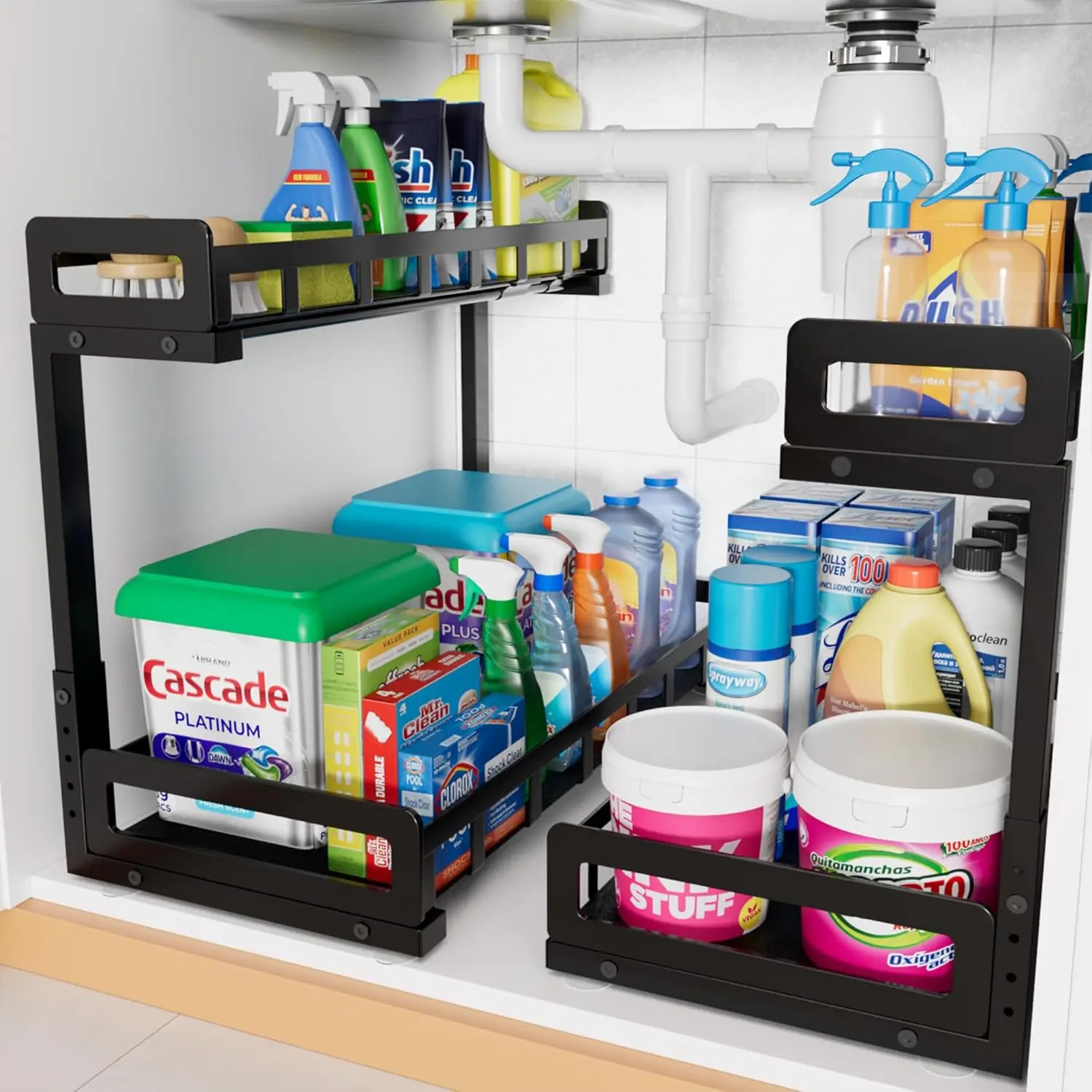 

Органайзер под раковину, 2 шт., 2-уровневая выдвижная полка, черный, вмещает 50 фунтов, регулируемая высота 12–16 дюймов, 14 дюймов x 11 футов шириной