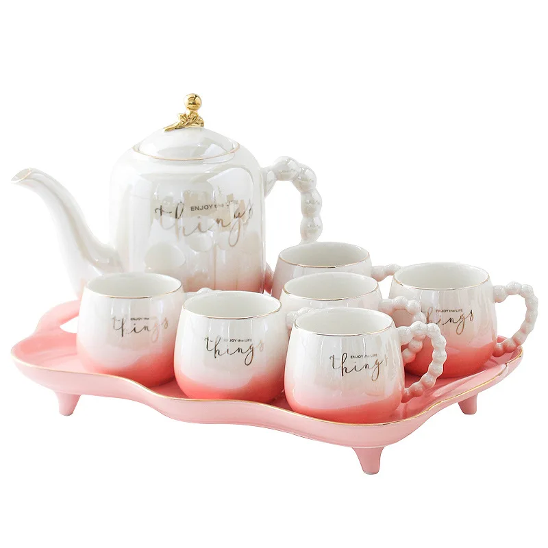 

Ceramic kettle water cup set, home living room office housewarming gift 1 pot 6 cups with tray combination ceramic water set