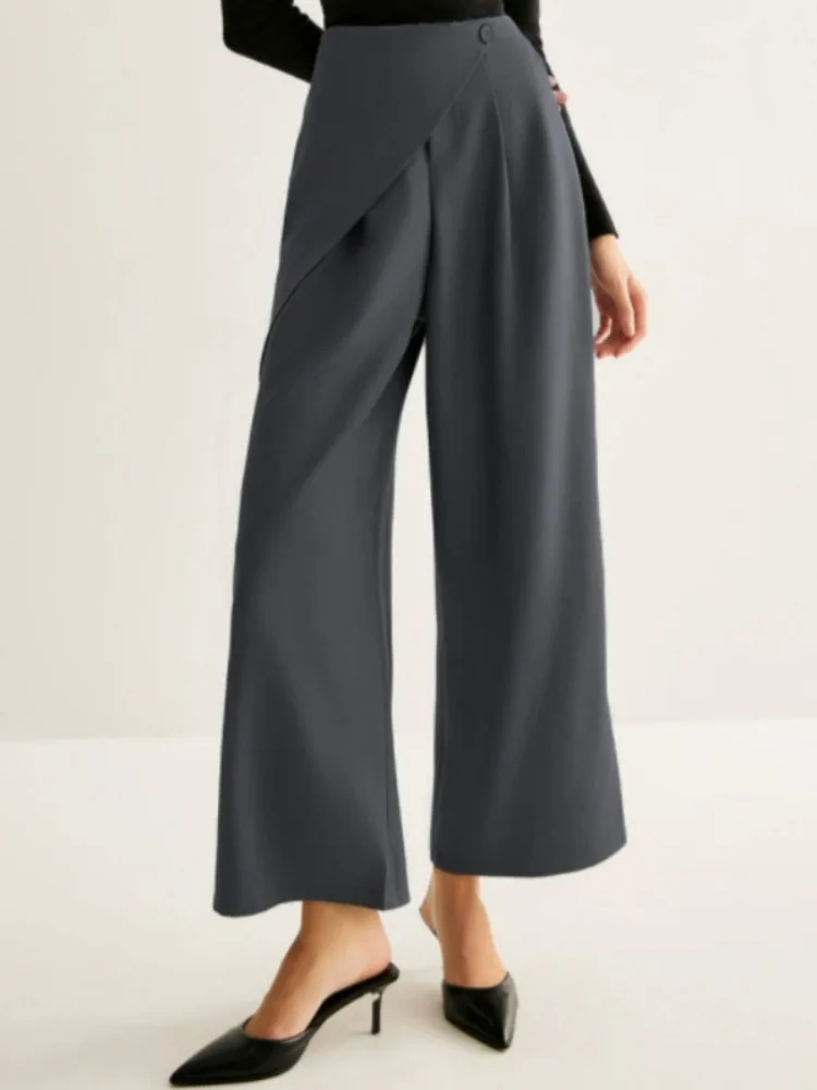 

Yeezzi женские темно-серые широкие костюмные брюки с высокой талией асимметричный дизайн с запахом офисные официальные свободные брюки низ