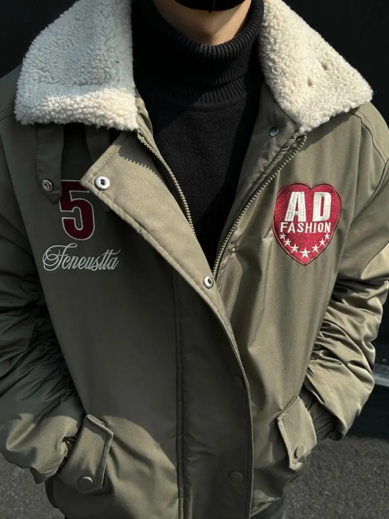 

Мужская утепленная хлопковая куртка с воротником из овечьей шерсти, осенне-зимняя теплая куртка-бомбер в американском стиле