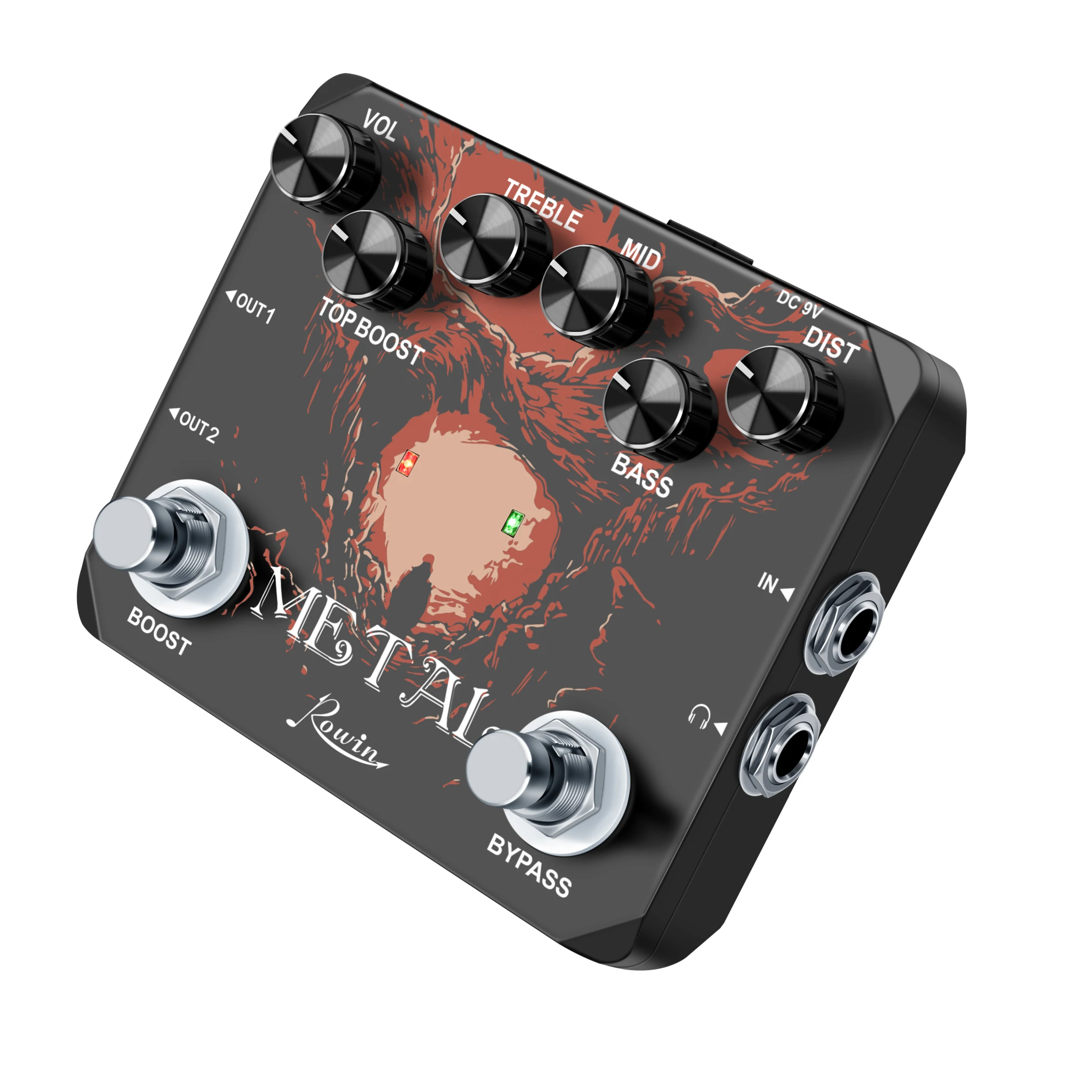 Rowin Heavy Metal Distortion Guitar Effect Pedal with 80s or 90s Metal Sounds Crazy Metal Sounds and Earphone Useable Output