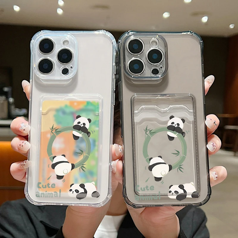 Cute Panda Luxury Soft TPU Card Bag Clear Phone Case For iPhone 16 15 Pro Max 13 14 15 16 Pro 11 12 Shockproof Silicone Cover