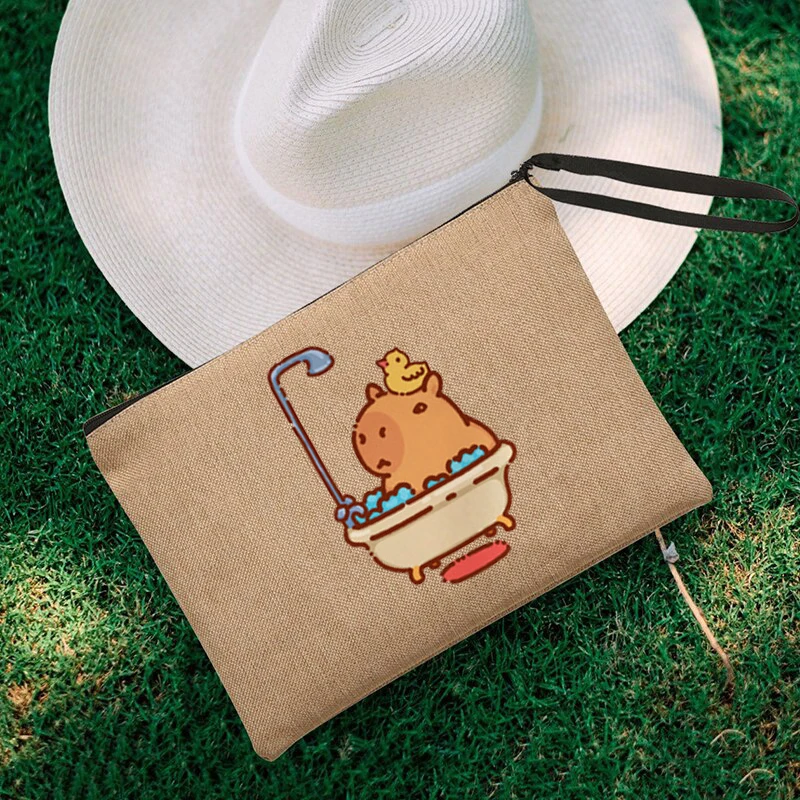 Bolsa de lino con estampado de dibujos animados Kawaii Capybara, neceser de viaje con patrón de marca de lujo, bolsa de maquillaje, organizador de lápices, 2023