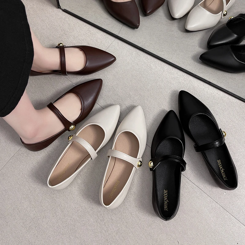 

YNPO 2026 New Style French Soft Leather Ankle Strap Women's Low Heel Casual Shoes with Slender Toe, Fashionable and Versatile