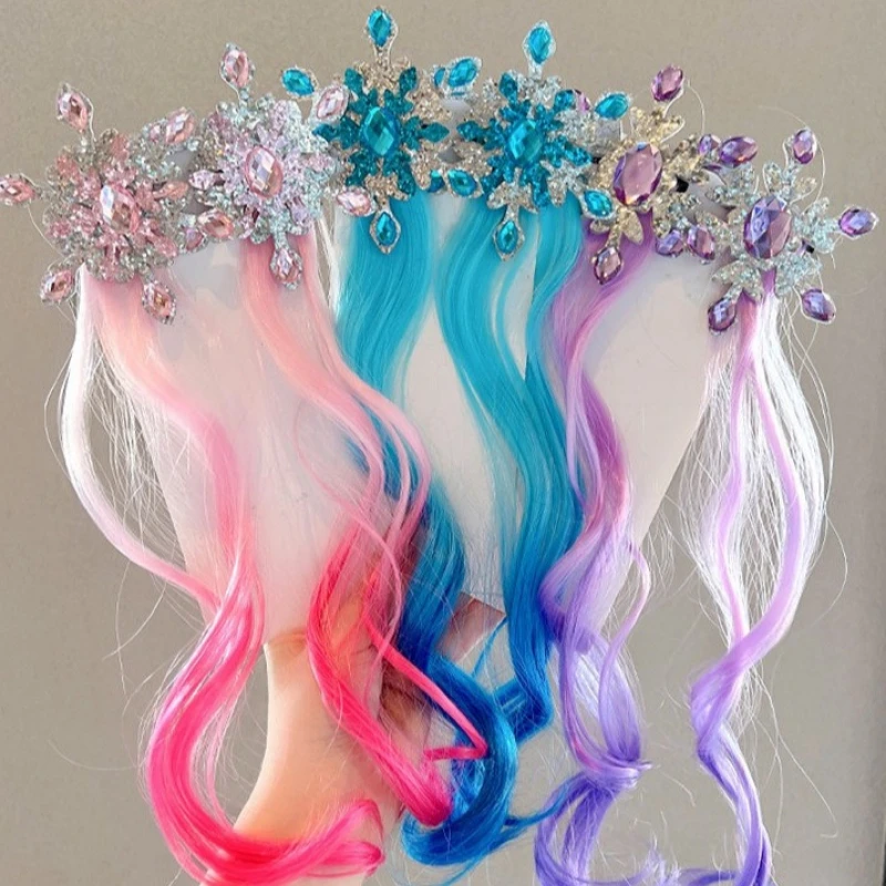 Colorful Wig Hair Clips - Snow Queen - Themed Gradient Children's Long Curly Hair Girls' Braid Colorful Rope Headpiece Blue Pink
