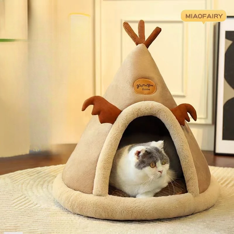 

Winter Cat Tent Bed Dog Teepee Warm Cozy Pet House Reindeer Christmas Style Soft Plush Enclosed Cave For Cats And Small Dogs Bed