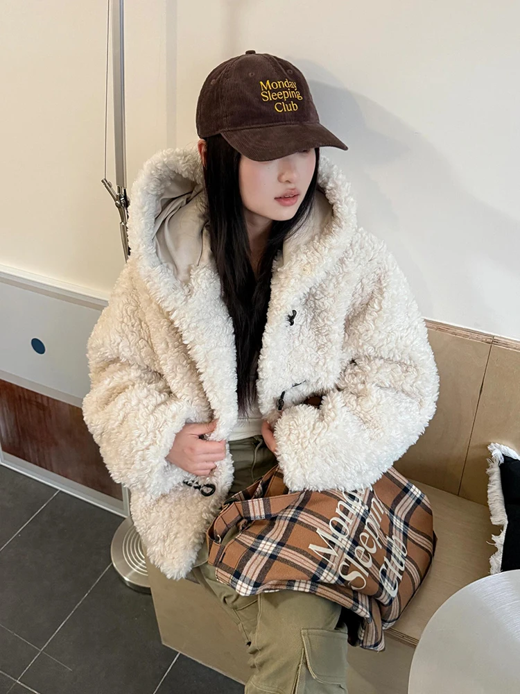 

Зимняя утепленная куртка из овечьей шерсти 2025 года для женщин, повседневная, с подкладкой из полиэфирного волокна, теплая хлопковая верхняя одежда с капюшоном