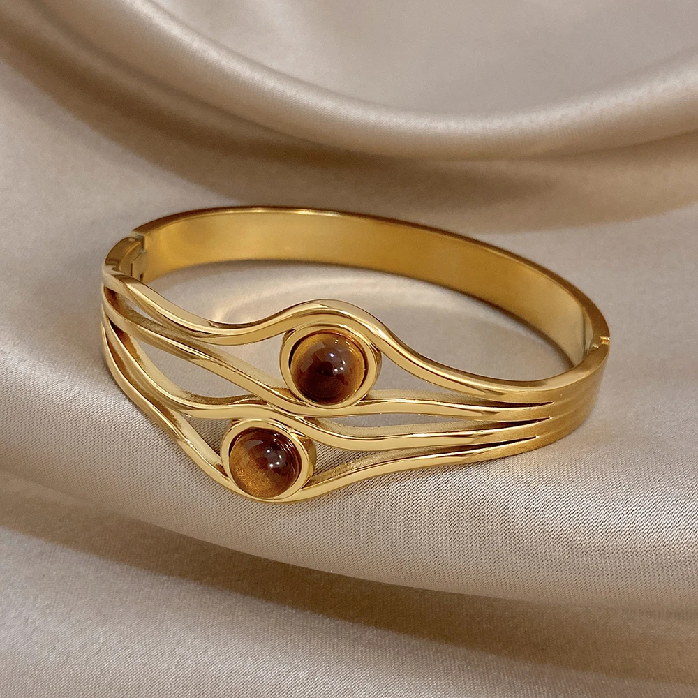 Greatera Marken-Armreif aus Edelstahl mit zweilagigem Tigerauge-Stein für Damen und Herren, Festival-Party, Vintage, stapelbar, wasserdichter Schmuck – Detail 6