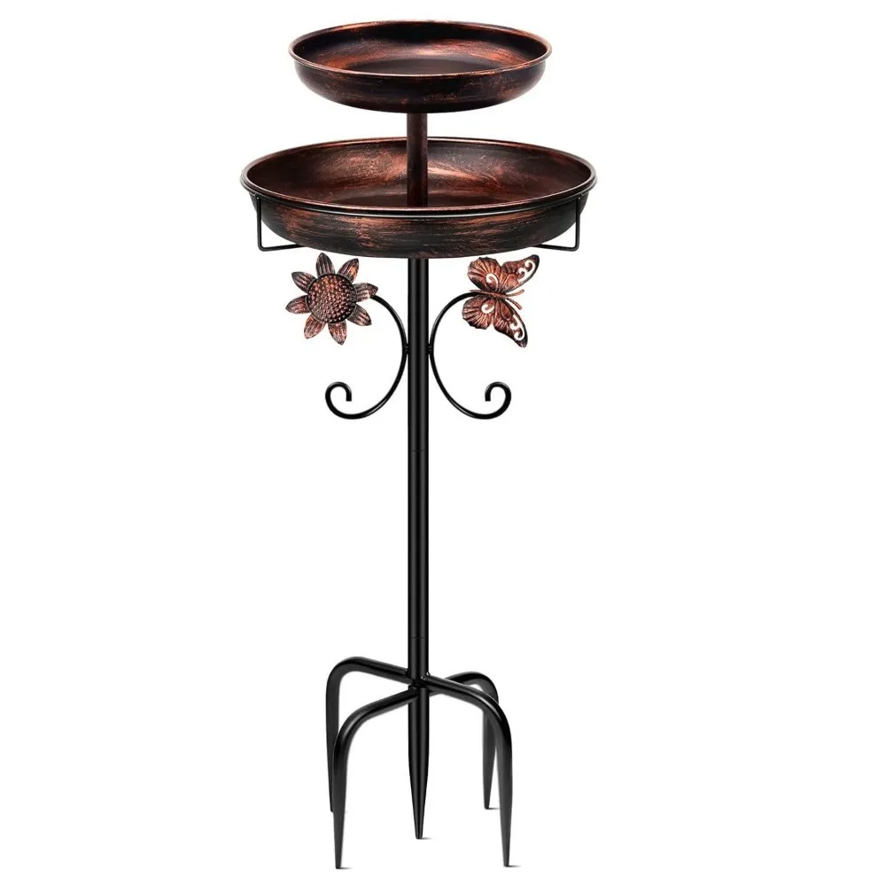 Metal Bird Bath Feeder Set Rust Resistant Four-Prong Ground Stakes Metal Bird Bath Vintage Style Dual-Layer Design