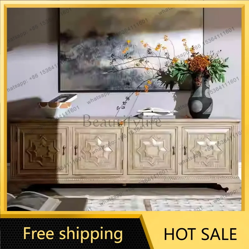 XX. American solid wood TV cabinet French engraved retro old ivory white side cabinet