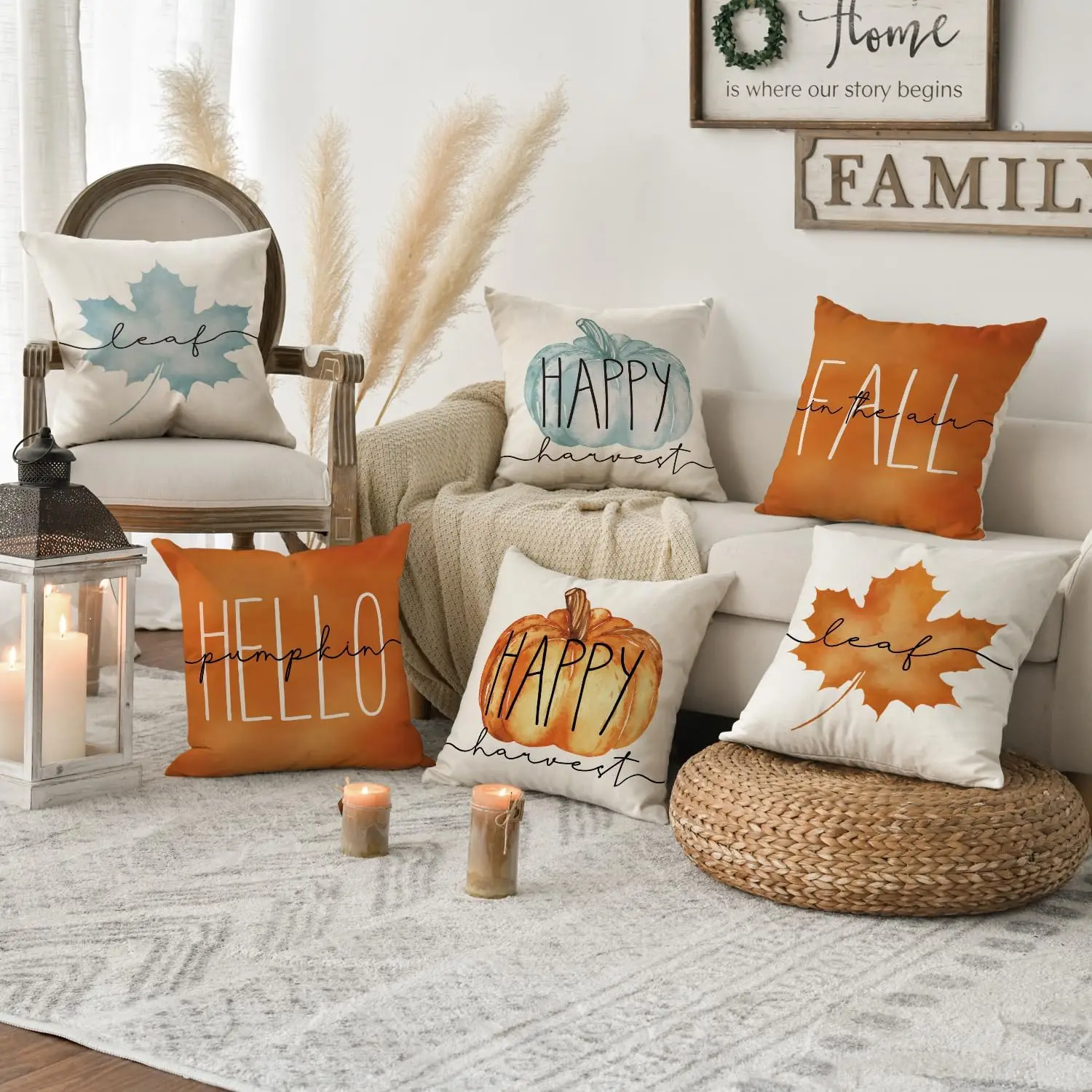 Pumpkin Fall Happy Harvest Maple Leaf Throw Pillow Covers,  Autumn Seasonal Cushion Case for Sofa Couch Set of 4