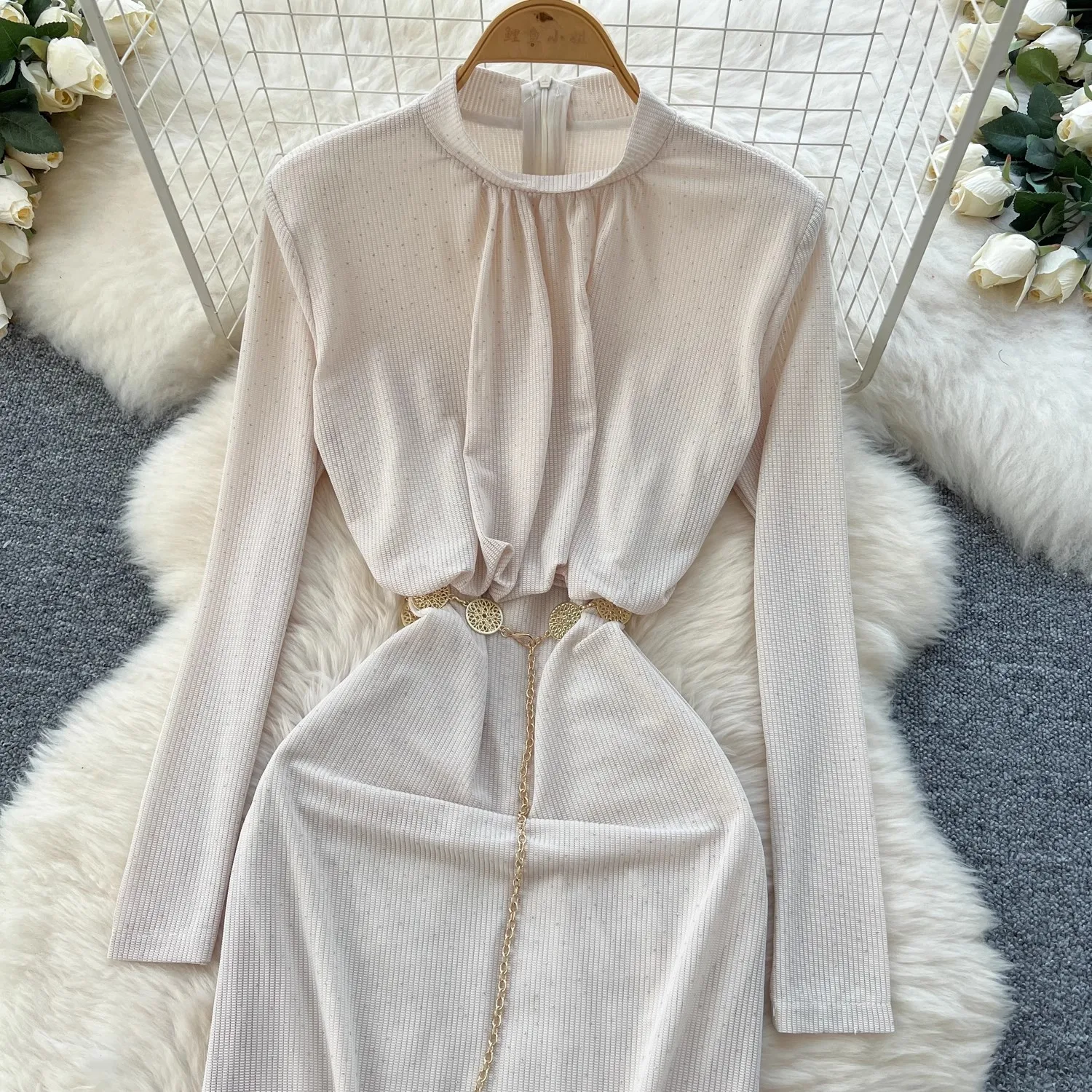 살구 자수 플레어 블링 드레스 여성 우아한 streetwear 긴 소매 의류 레이디 활주로 디자인 세련된 vestidos bodycon