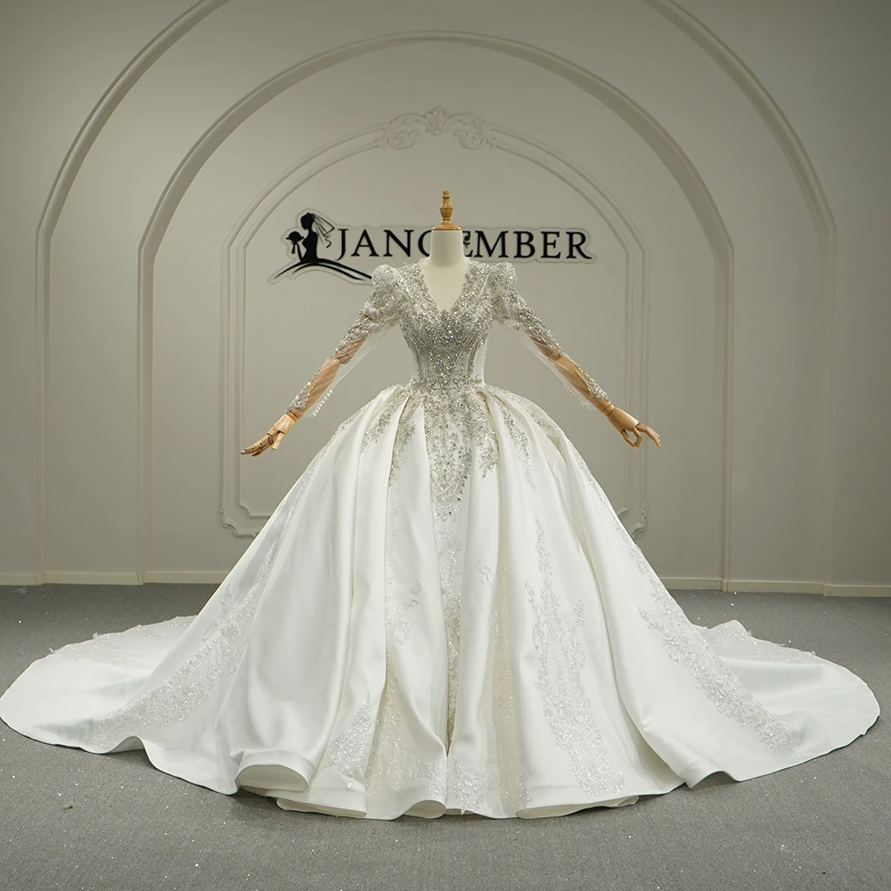 

Индивидуальное свадебное платье с V-образным вырезом, пайетками и атласом, белое, 2026, бальное платье в пол с длинными рукавами, свадебное платье, vestidos de novia boda