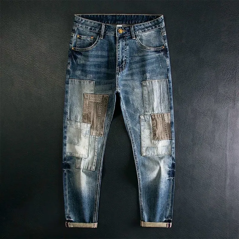 

Autumn and Spring Fashion Trend American Vintage Patchwork Straight Leg Jeans Men's Casual Loose Sports High Quality Denim Pants