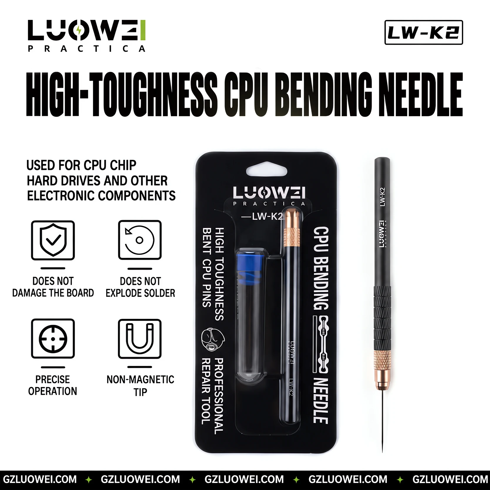 LUOWEI LW-K2 CPU Chip Prying Needle Non-Magnetic Fine Tip Probe with Lightweight Handle for Phone Motherboard and IC Repair