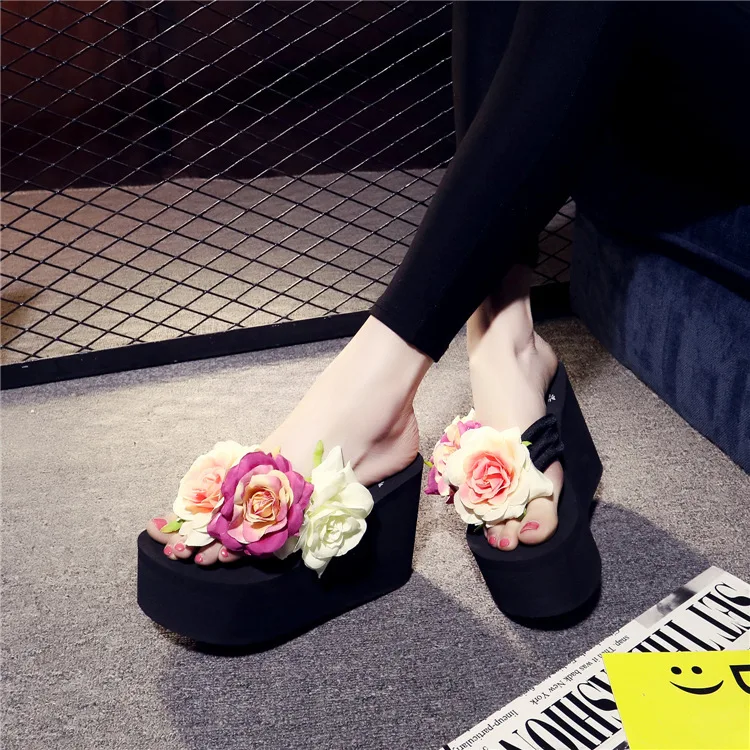 11cm Flip Flop Wedges Heels Summer Sandals Slippers Woman Shoes Women Girls Beach Shoe Light Bottom Platform Handmade Flowers