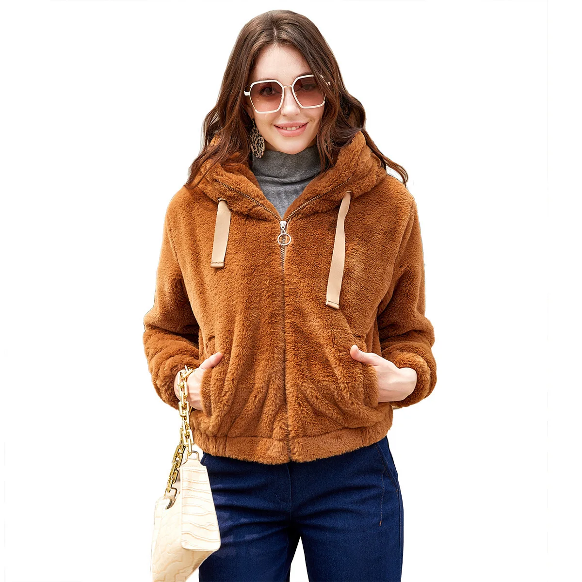 2023 Autumn/Winter New Women's Plush Coat Hooded Long Sleeve Warm Cotton Coat Solid Short Top A996