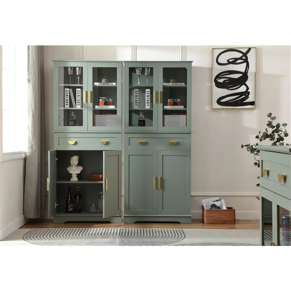 خزانة مخزن خشبية طويلة الطراز على طراز المزرعة الحديثة مع أبواب زجاجية، وخزانة تخزين المطبخ تتميز بدرج ورف قابل للتعديل