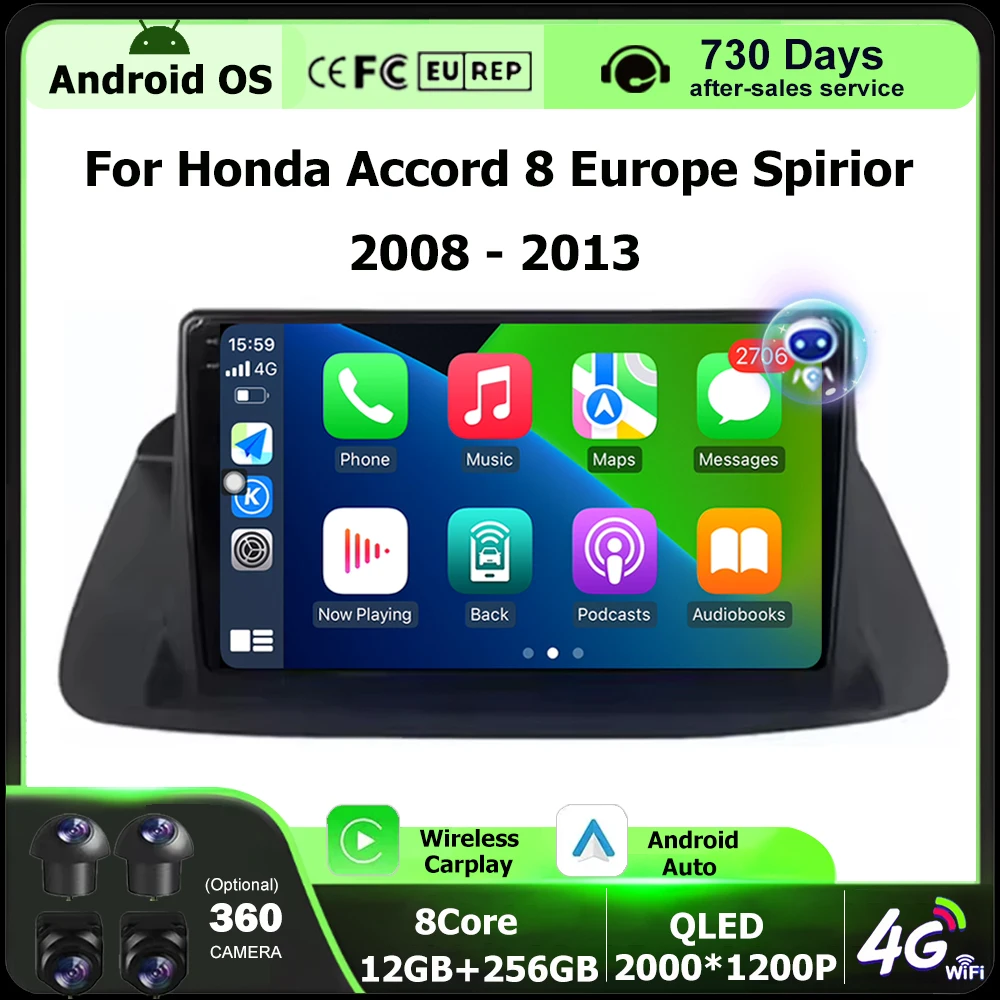 راديو السيارة الوسائط المتعددة مشغل فيديو الملاحة لتحديد المواقع لهوندا أكورد 8 أوروبا سبيور 2008 - 2013 أندرويد السيارات اللاسلكية Carplay 9''