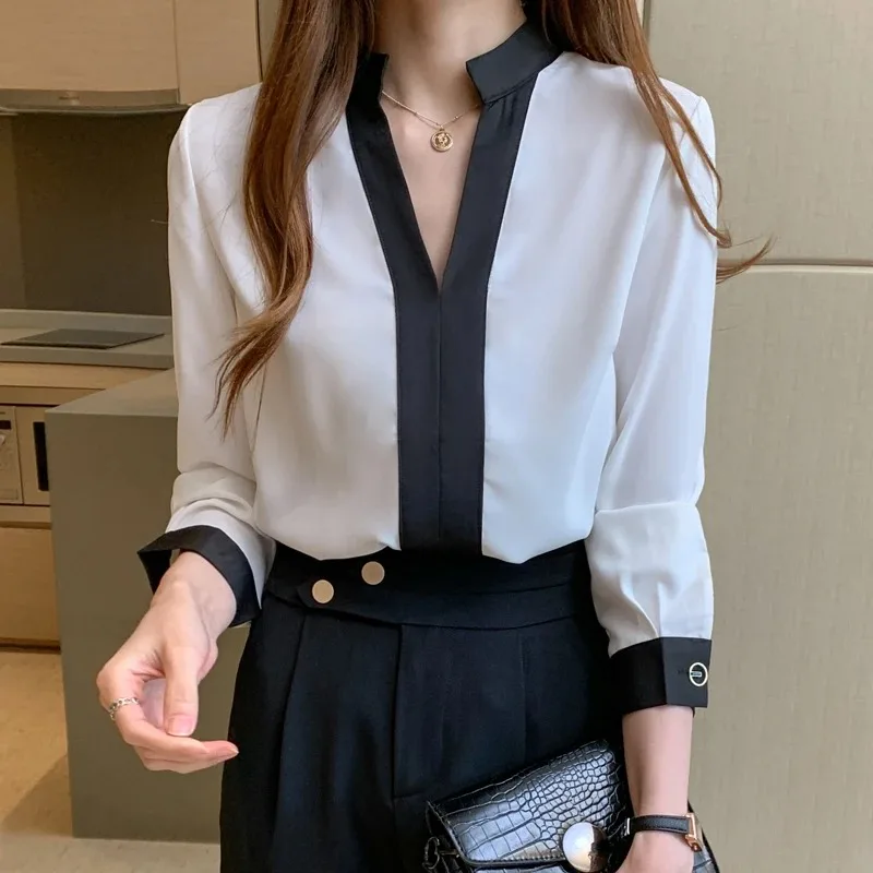 Spring Casual V-neck Women\'s Blouse Autumn Office Lady Long Sleeve Chiffon Shirts Fashion Korean Style Tops New