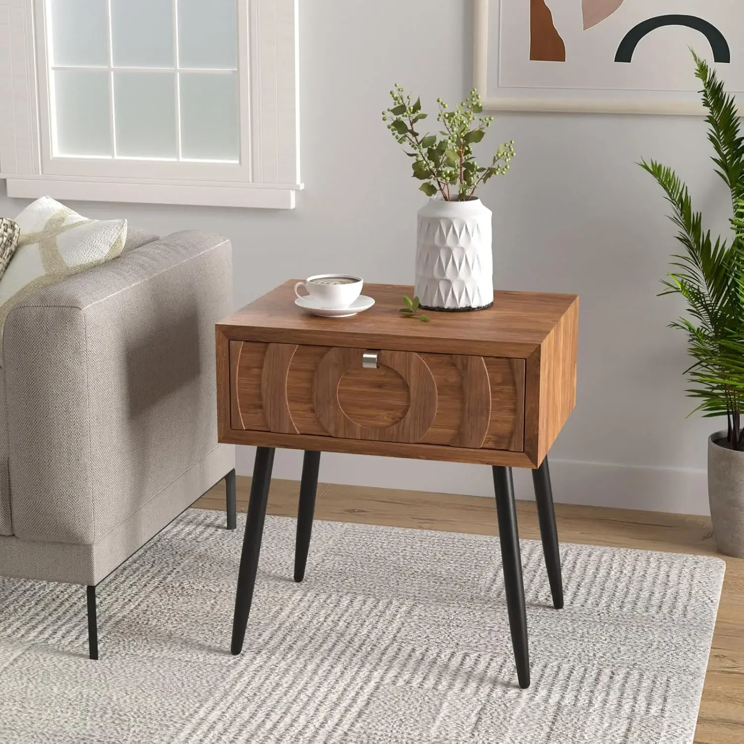 

End Table, Mid Century Modern Nightstand, Wood Bedside Table, Accent Night Stand with One Storage Drawer (Brown, Circle Pattern)