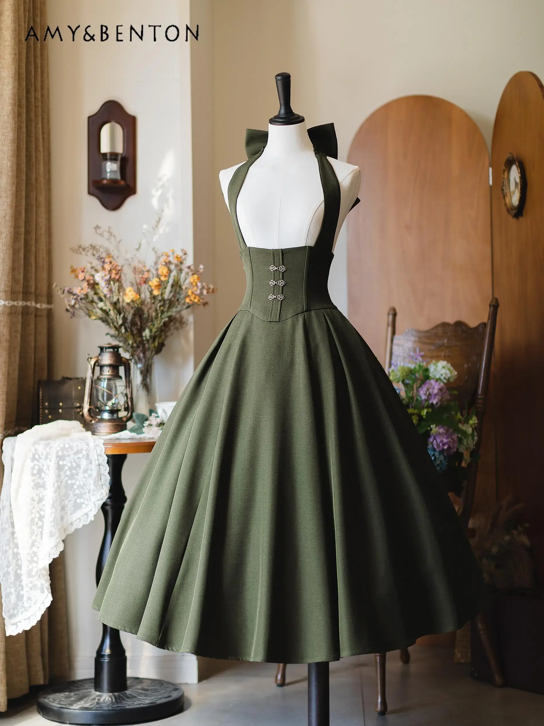Original Retro Fishbone Halter Bow Skirts British Elegant Classical Slim Mid-length Skirt Women\'s Autumn New Lolita Long Skirt