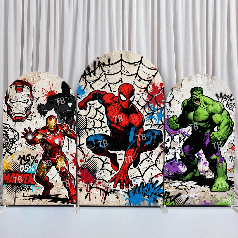 

Marvel Superhero Arch Backdrop Cover Spider Man Hulk Graffiti Comic Style Superhero Theme Party Kids Birthday Photo Booth Decor