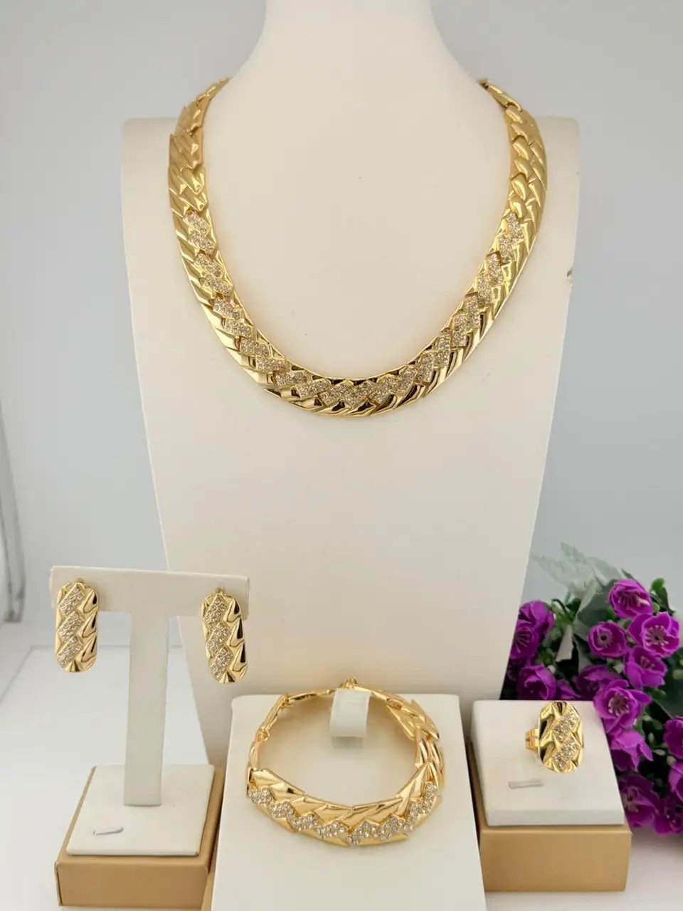 Chunky Twist Chain 4Pcs Crystal Jewelry Set Women Gold Silver Plated Necklace Earrings Bracelet Ring Luxury Wedding Bridal State