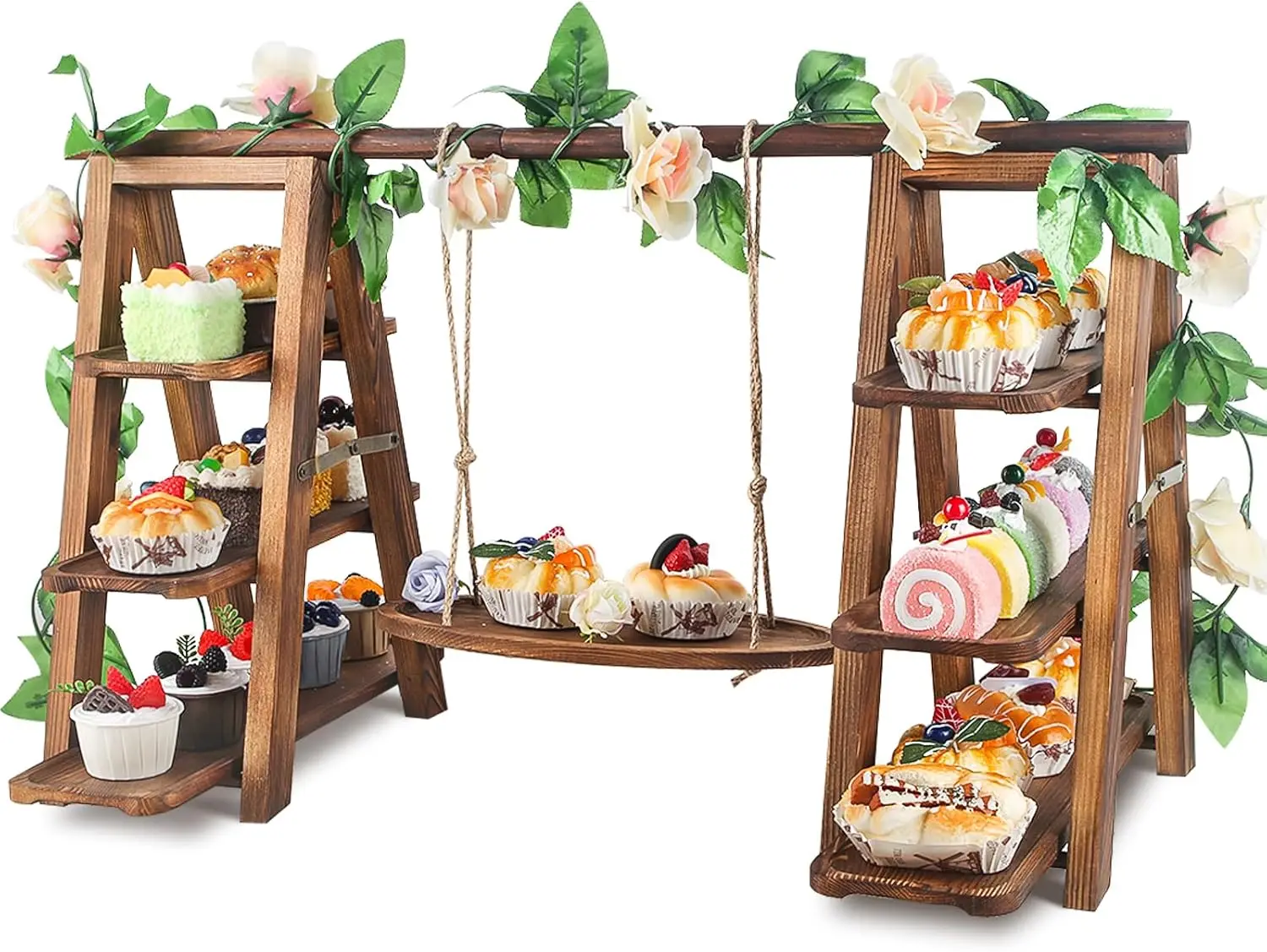 

Wooden 3-Tier Cupcake Stand with Swing & Flower Decor, Removable Trays, Foldable Design for Party Food Display