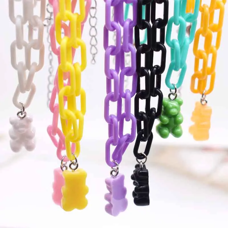 50cm 16 Colors Wholesale Solid Color Cute Candy Colorful Bear Resin Pendant Plastic Chain Chokers Necklace for Women Gift