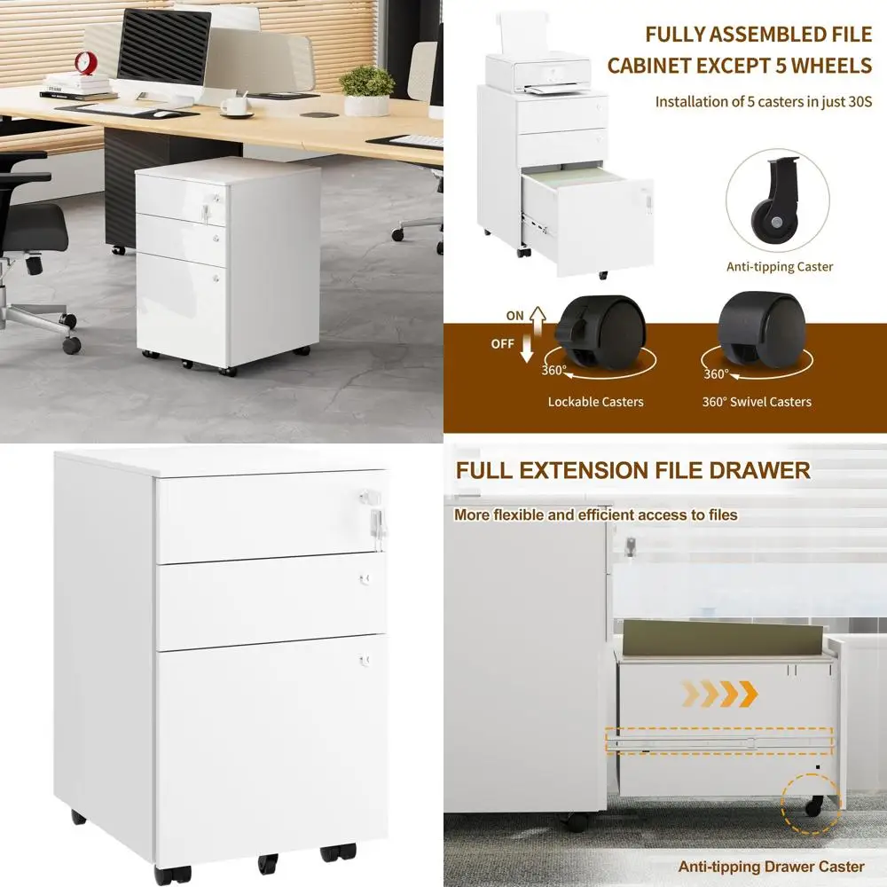 

3-Drawer Lockable Metal File Cabinet for Home Office, A4/Letter/Legal Size, White, Assembled (except Casters)