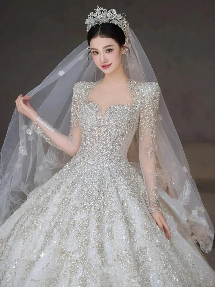 ชุดแต่งงานแขนยาวคลาสสิก Sweetheart งานแต่งงานชุด Shinny งานแต่งงานชุดบอล PLUS ขนาดที่กําหนดเอง