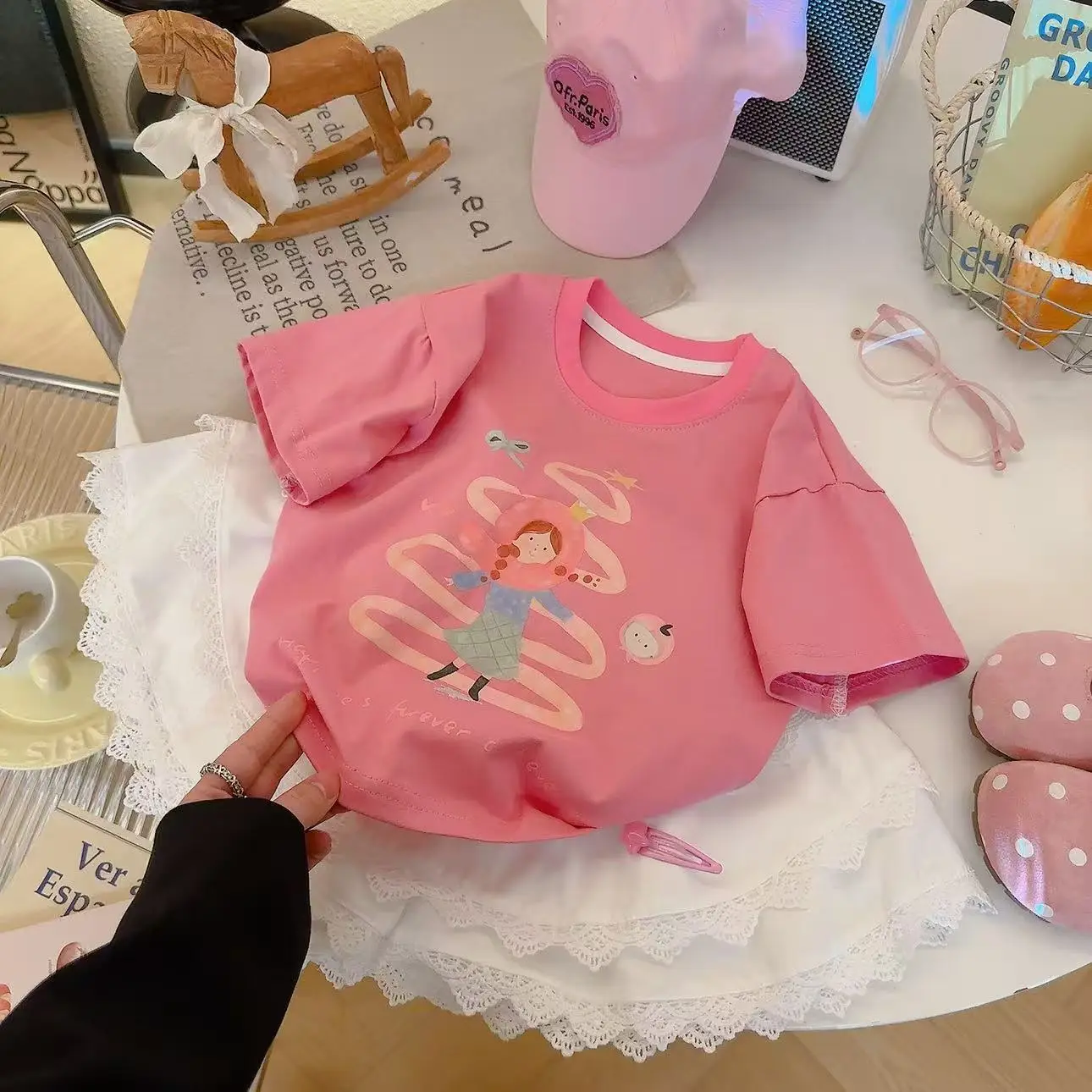 1 Piece Cute Cartoon Print Short Sleeve T-shirt For Girls Cotton Clothing Korean Style Versatile Top Summer Fashion Kids Top