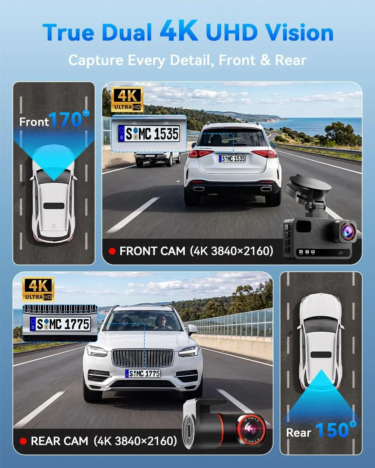 Dash Cam Front and Rear, 4K+4K Dual Dash Camera for Cars, Free 128GB Card | 5.8GHz WiFi 20MB/s Fast Download and App Control, GP