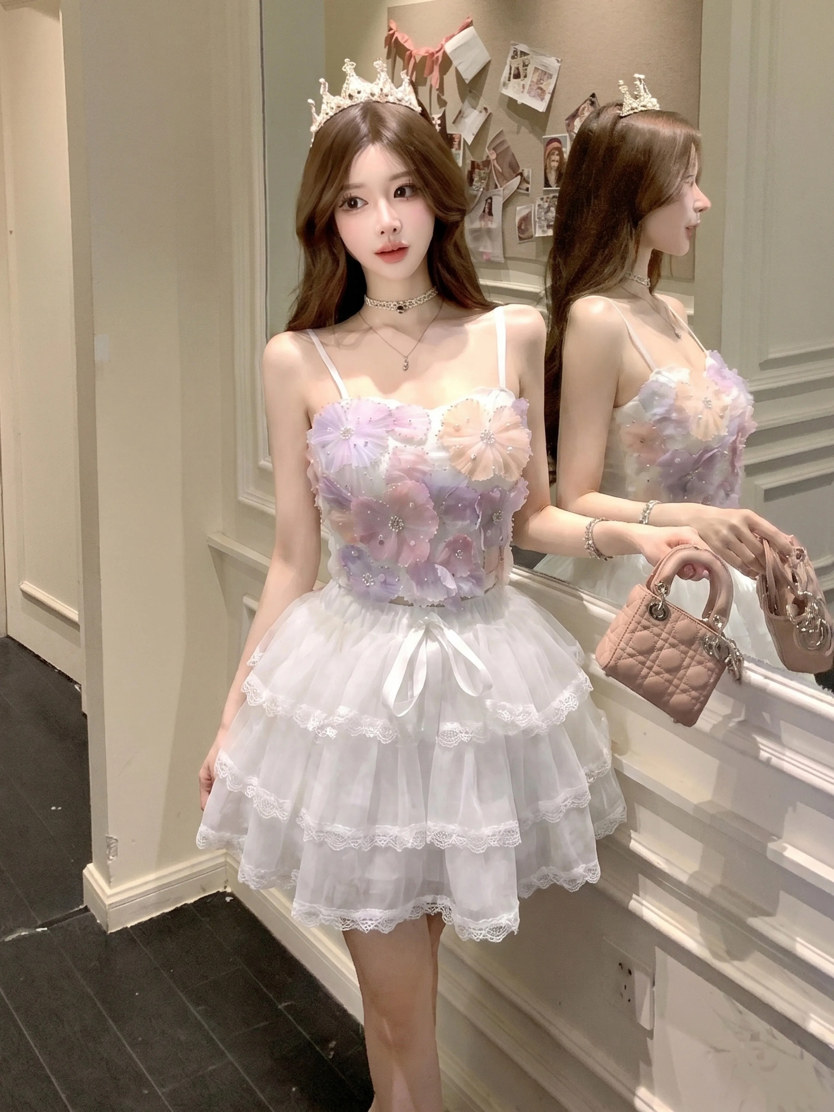 

Princess Style Short Skirt And Top Set with Lace Trim And Beaded Flowers Summer Fashion Outfit High Waist Gown Knot