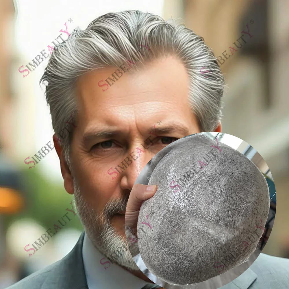 

Мужской парик-накладка из 100% натуральных волос, супернатуральная линия роста волос, невидимый V-образный шов 0.02 мм, плотность 80%, цвет 1B80 (черный с серым), капиллярный протез