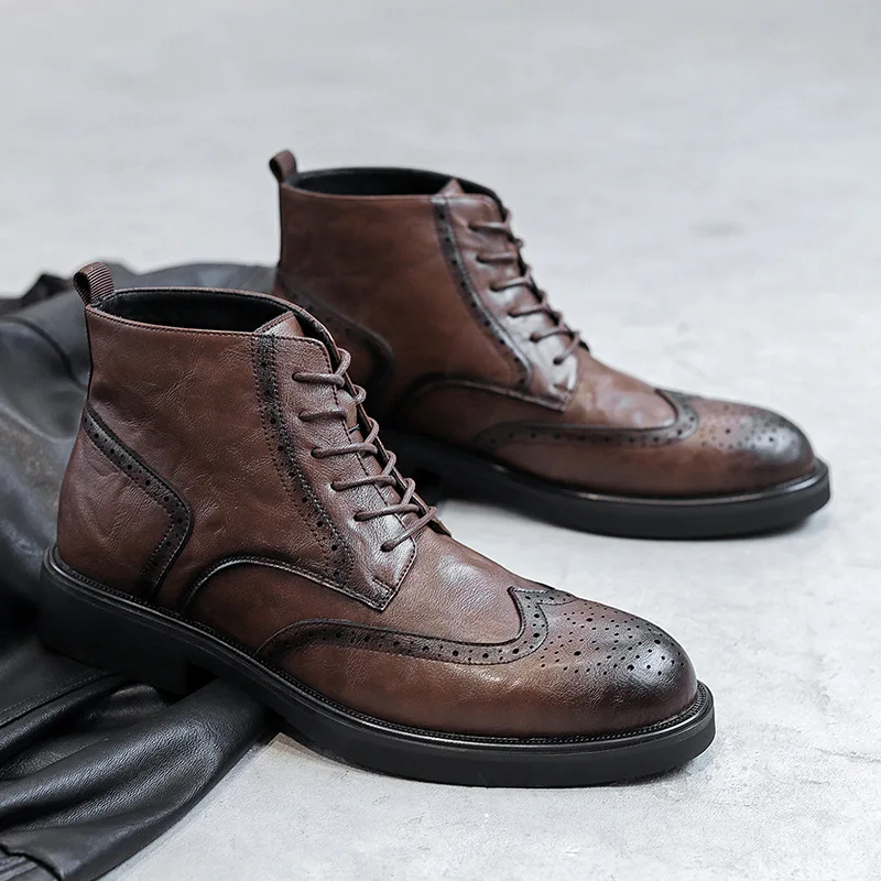 Fashion Vintage British Men Boots High Quality Dress Real Leather Ankle Boots Lace-up Brogue Shoes Autumn Winter Military Boots