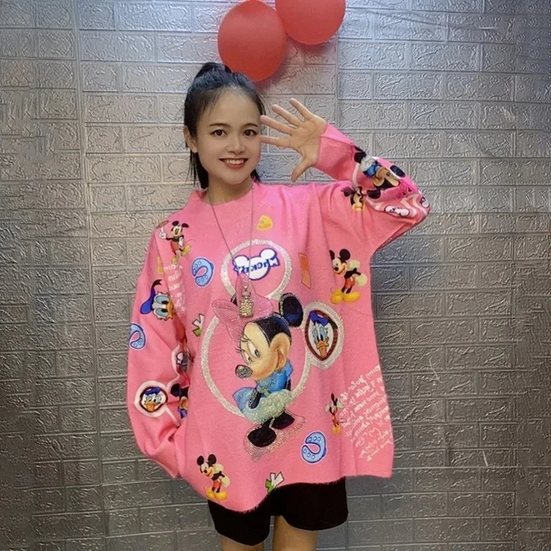 

2026 New Pink Mickey All-Over Print Hoodie for Women Loose Oversize Streetwear Sweet Cool Style Long Sleeve Pullover Tops